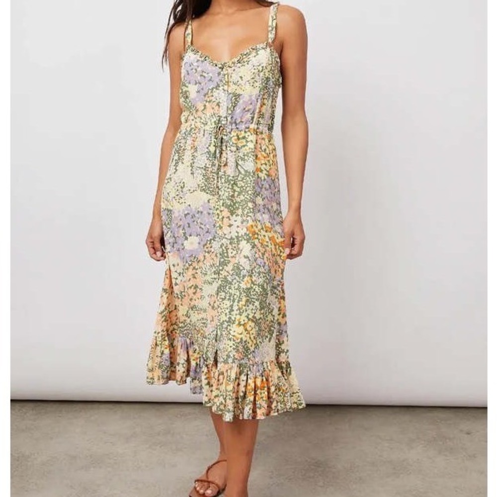 Rails Adalyn Gardenia Floral Midi Dress Yellow Green Ruffle Button Front S